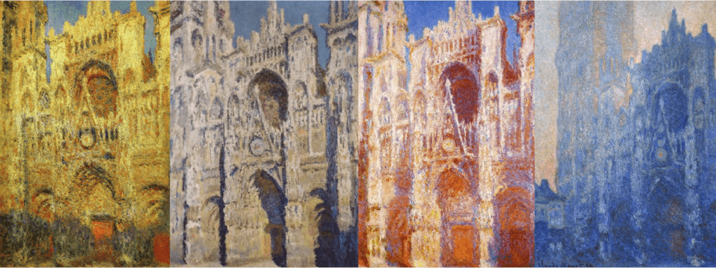 Catedral de Notre Dame pintada en impresionismo en diferentes horas del día