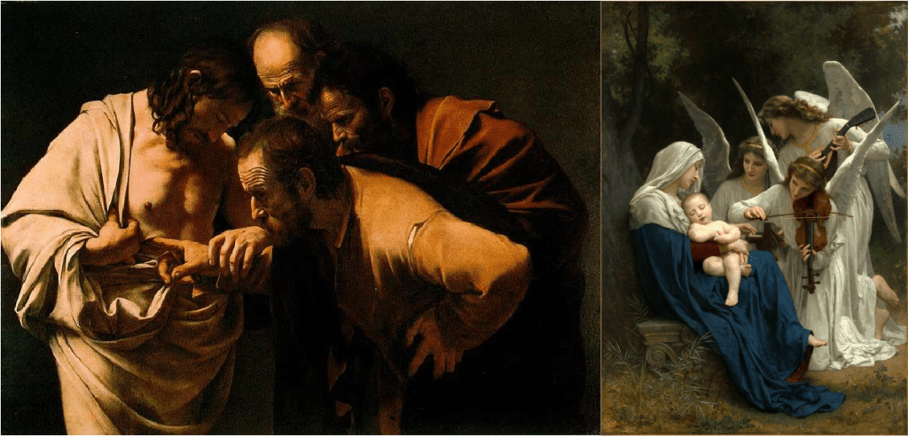 Pintura la incredulidad de Santo Tomas por Caravaggio y la canción de los ángeles por Boguereau